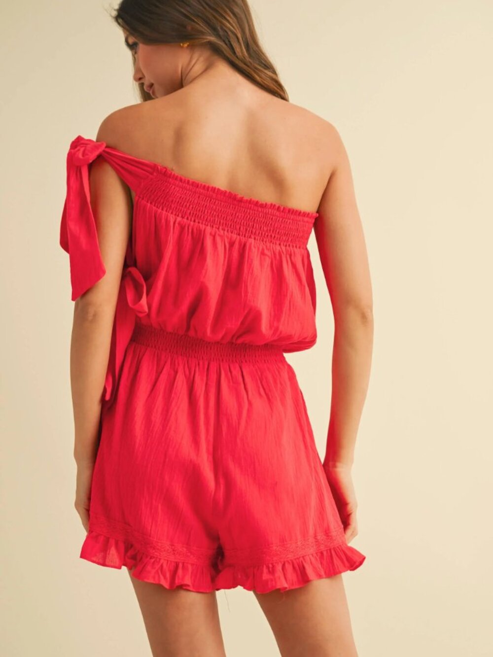 Women's Red Ruffled Romper - Picture 3 of 9